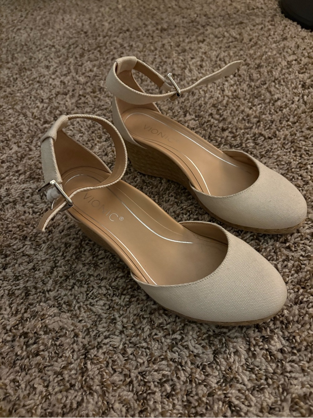 Vionic Tan Canvas Ankle-Strap Wedge Sandals